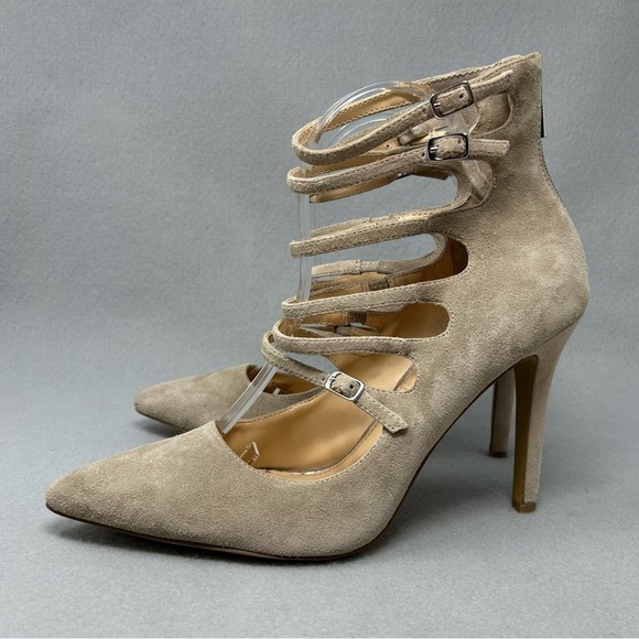 Jessica Simpson CYNDEE Women's Multi Strap Tan Suede High Heel Shoes 10M - Picture 1 of 14